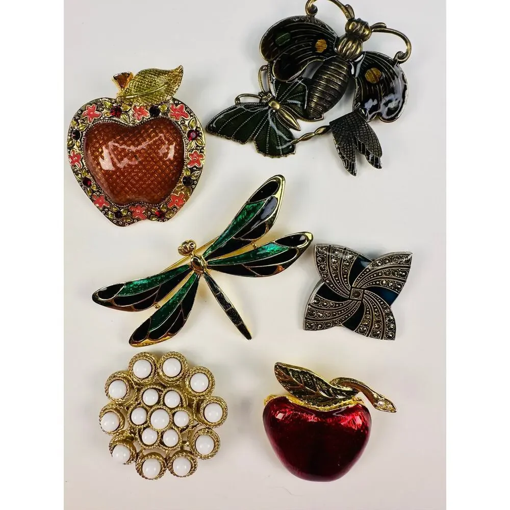 Vintage Enamel and Bead Brooch Pin Bundle Apple, Dragonfly, Sunburst